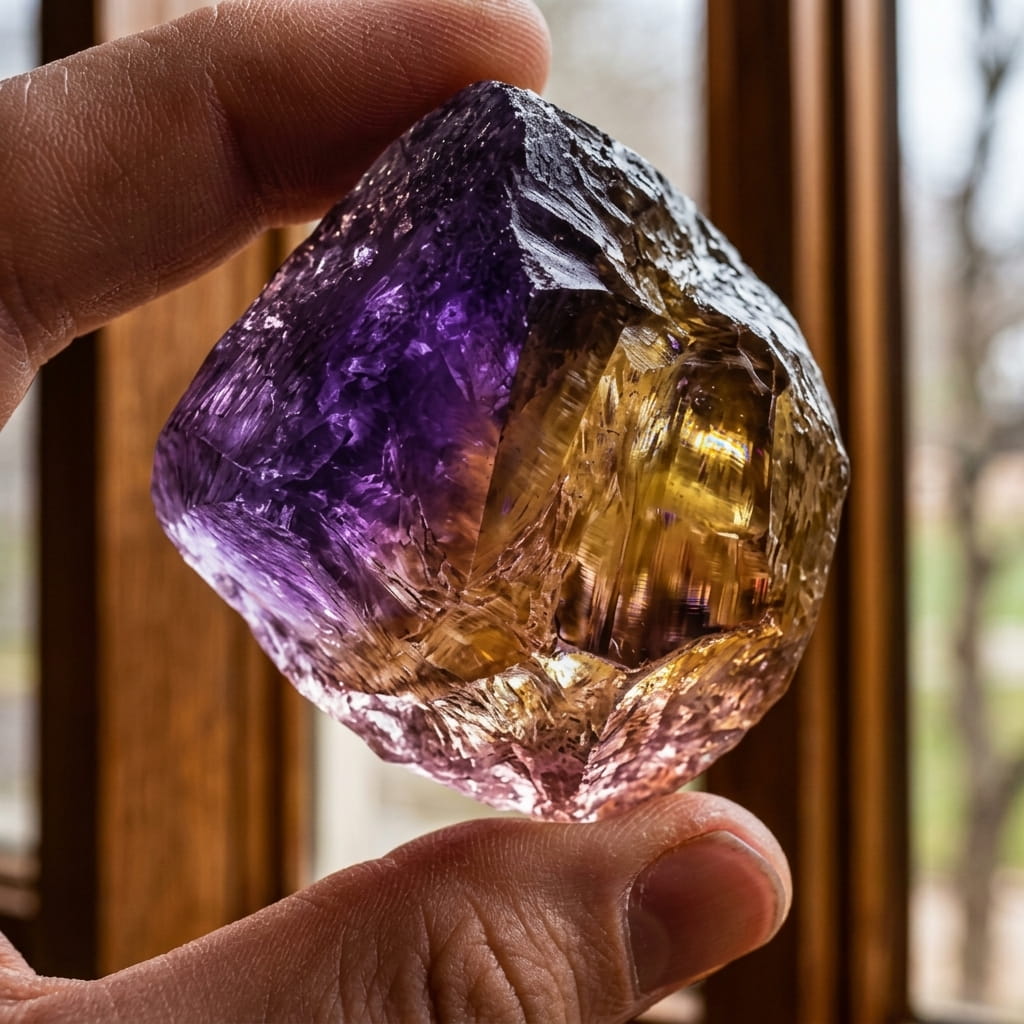 Polished Bolivian ametrine crystal slice showing natural yellow and purple geometric zoning