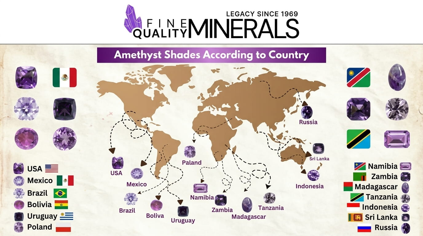 Global map showing major amethyst mining countries and specimen localities