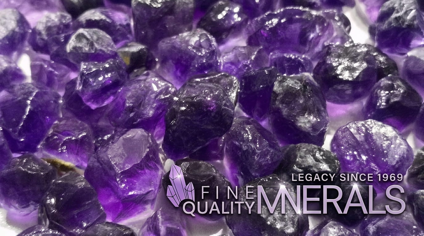 Rough Kariba amethyst crystals from Zambia showing saturated blueberry purple color